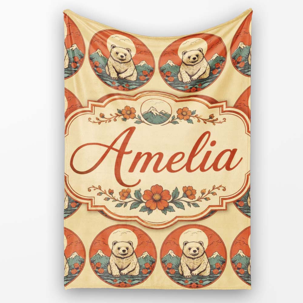 Cute Bear with Mountain and Sun Background Seamless Pattern Lovely Personalised Custom Name Super Soft Fleece Blanket Bed Sofa Throw