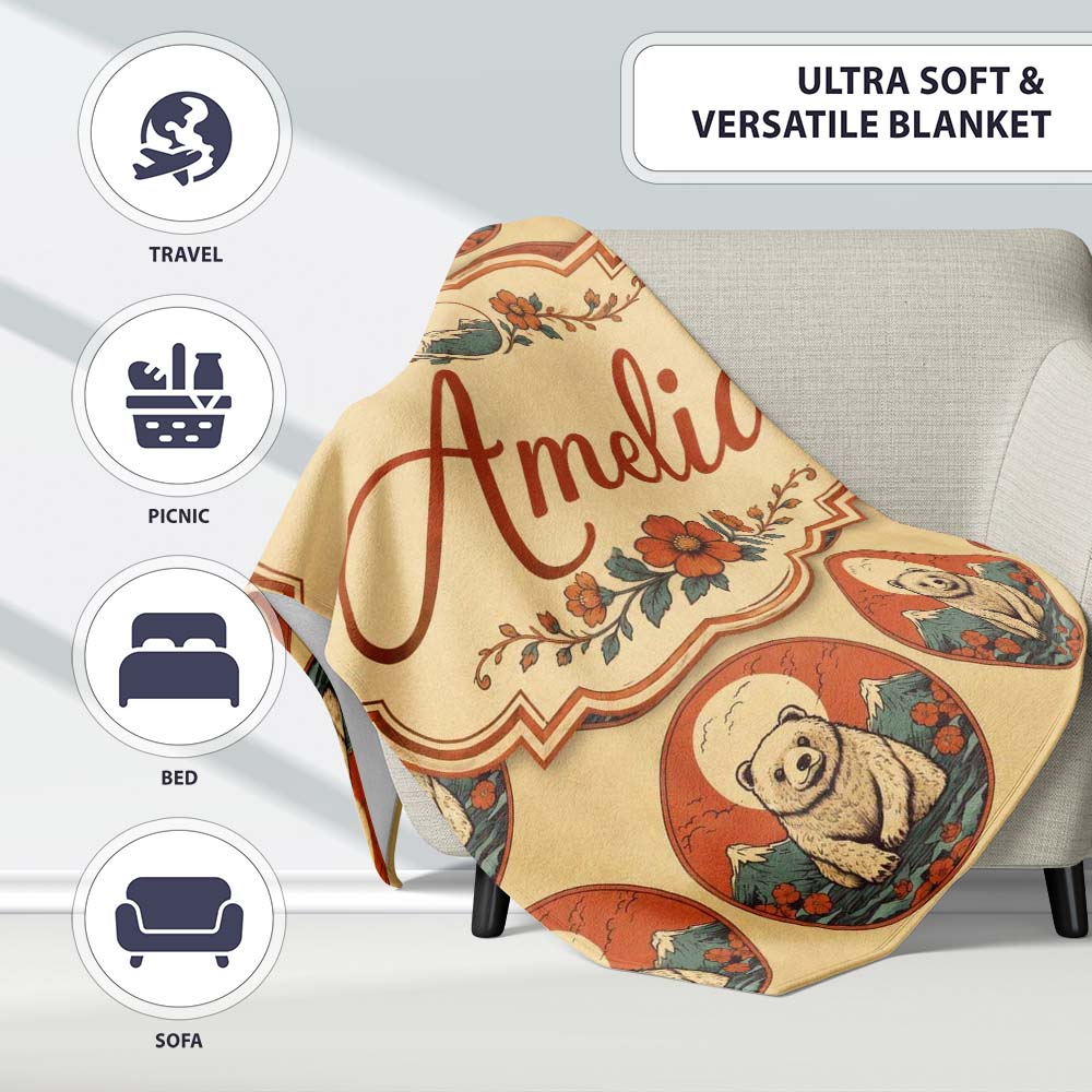Cute Bear with Mountain and Sun Background Seamless Pattern Lovely Personalised Custom Name Super Soft Fleece Blanket Bed Sofa Throw