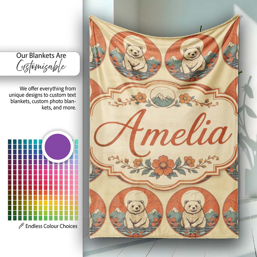Cute Bear with Mountain and Sun Background Seamless Pattern Lovely Personalised Custom Name Super Soft Fleece Blanket Bed Sofa Throw