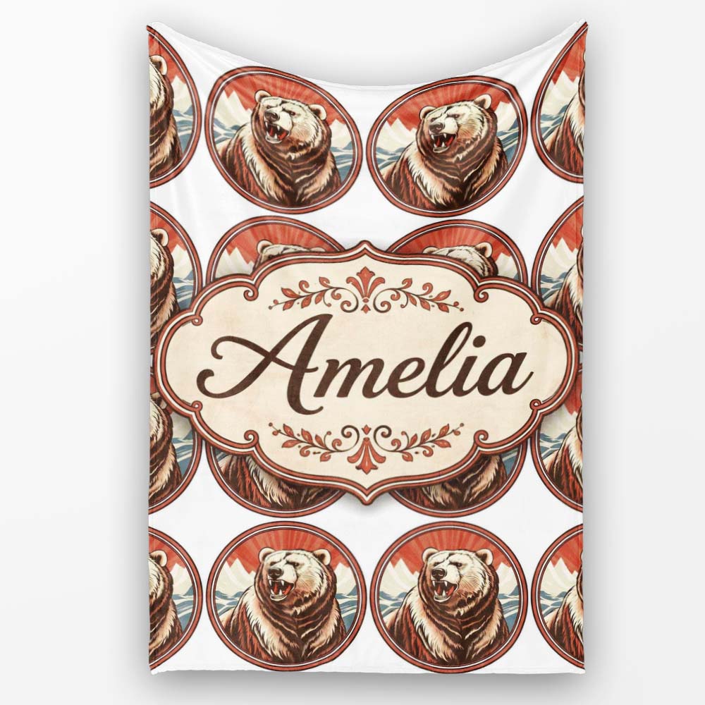 Roaring Bear Portrait with Mountain Scene Seamless Pattern Lovely Personalised Custom Name Super Soft Fleece Blanket Bed Sofa Throw