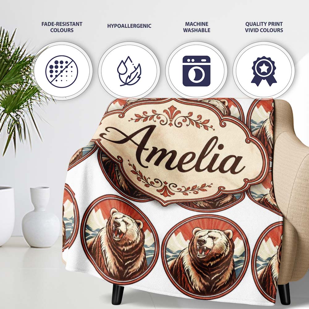 Roaring Bear Portrait with Mountain Scene Seamless Pattern Lovely Personalised Custom Name Super Soft Fleece Blanket Bed Sofa Throw