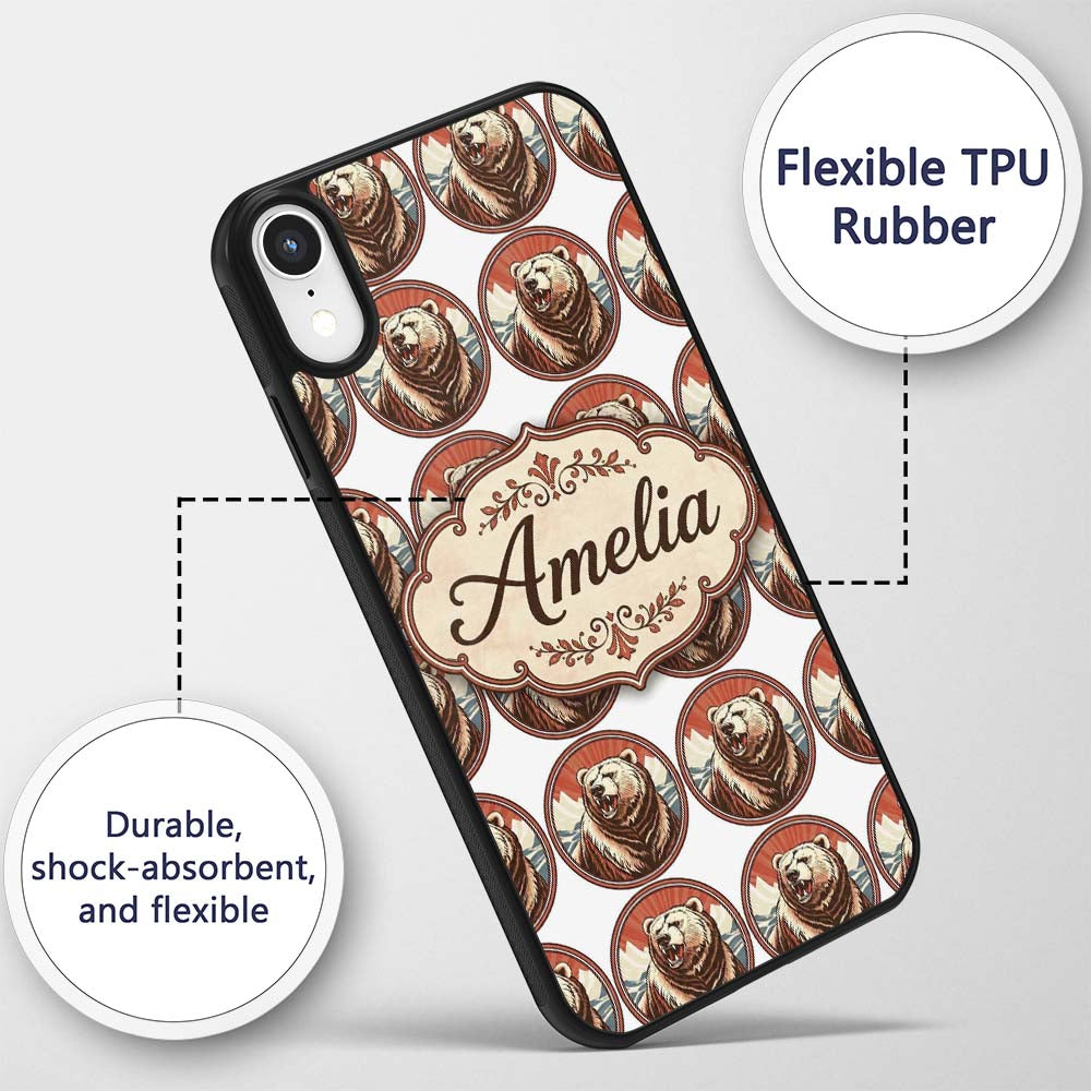 Roaring Bear Portrait with Decorative Design Custom Name Protective Phone Case Mobile Cover Durable Everyday Smartphone Shock Resistant