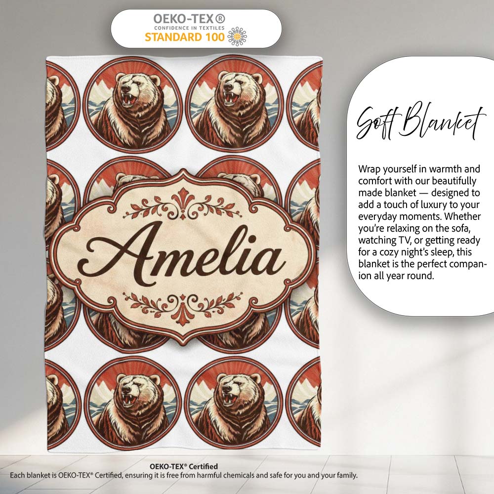 Roaring Bear Portrait with Mountain Scene Seamless Pattern Lovely Personalised Custom Name Super Soft Fleece Blanket Bed Sofa Throw