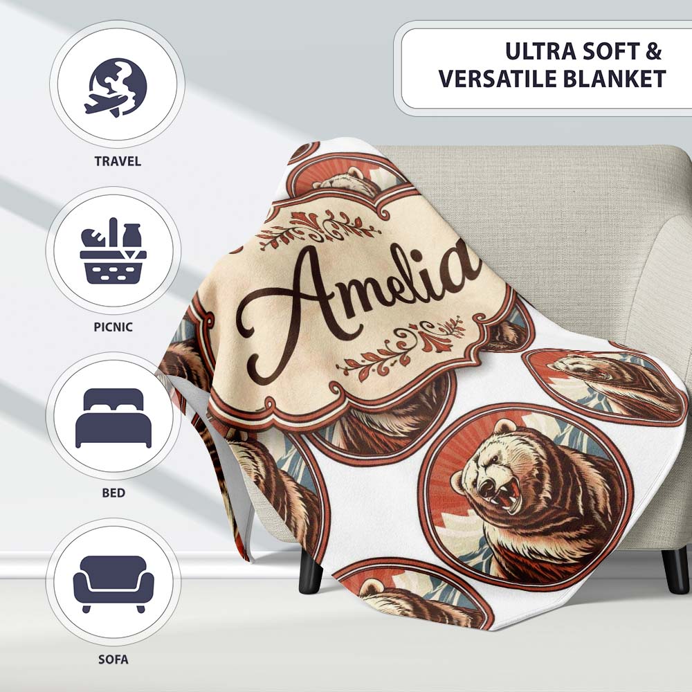 Roaring Bear Portrait with Mountain Scene Seamless Pattern Lovely Personalised Custom Name Super Soft Fleece Blanket Bed Sofa Throw