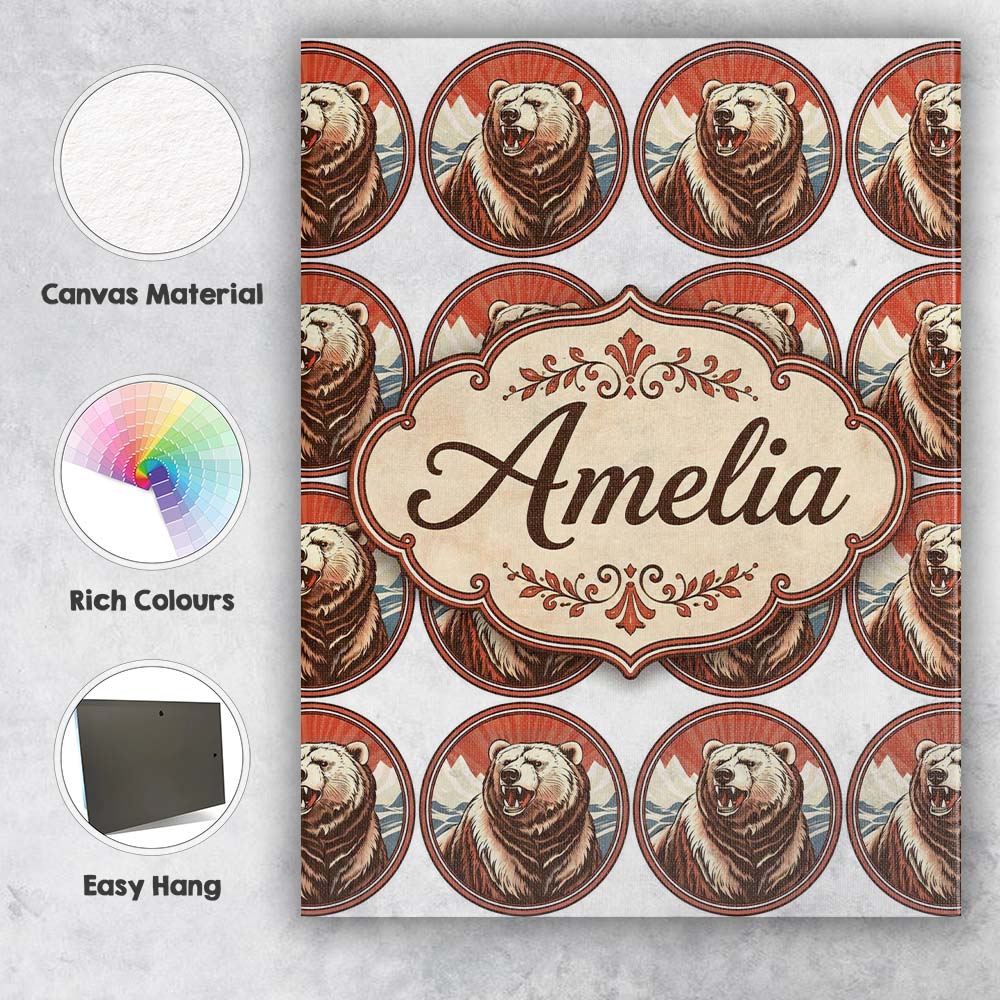 Personalised Name Roaring Bear Portrait Custom Modern Room Accent Elegant Feature Canvas Wall Art Print Decor Picture Ready to Hang