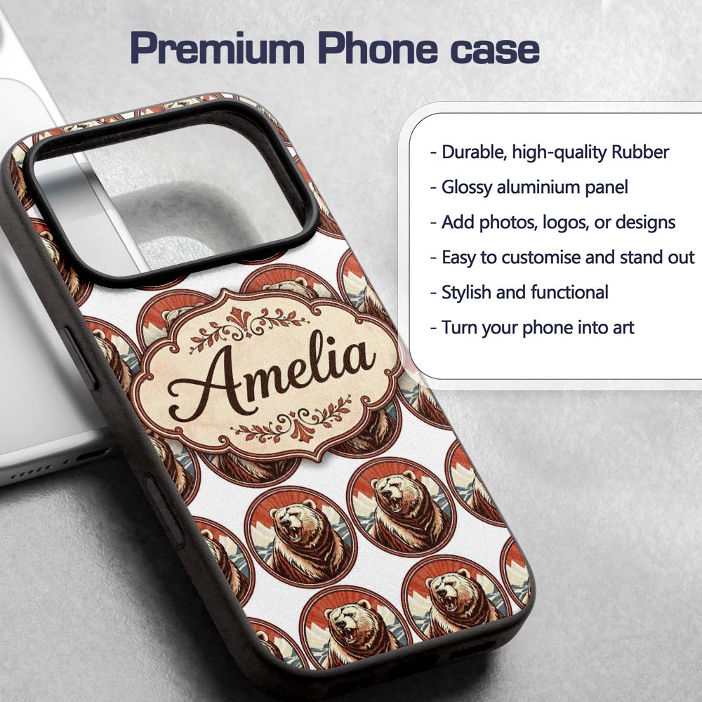 Roaring Bear Portrait with Decorative Design Custom Name Protective Phone Case Mobile Cover Durable Everyday Smartphone Shock Resistant