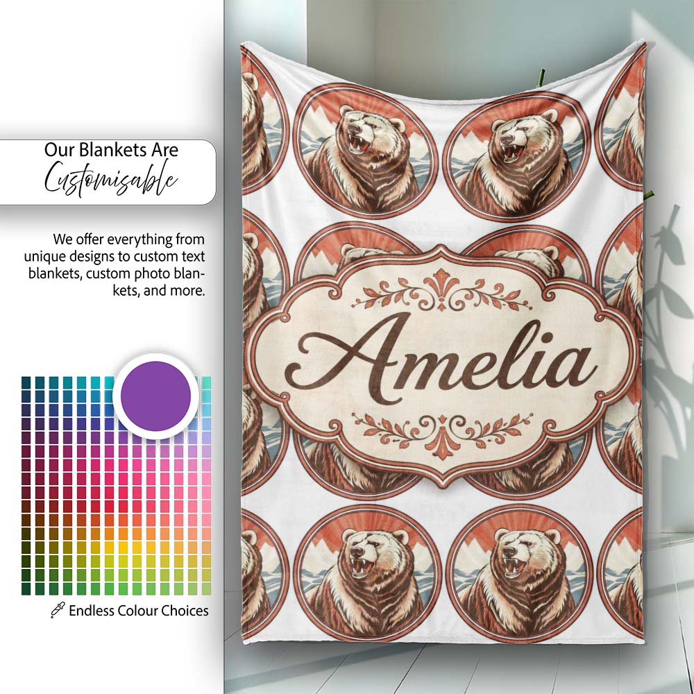 Roaring Bear Portrait with Mountain Scene Seamless Pattern Lovely Personalised Custom Name Super Soft Fleece Blanket Bed Sofa Throw