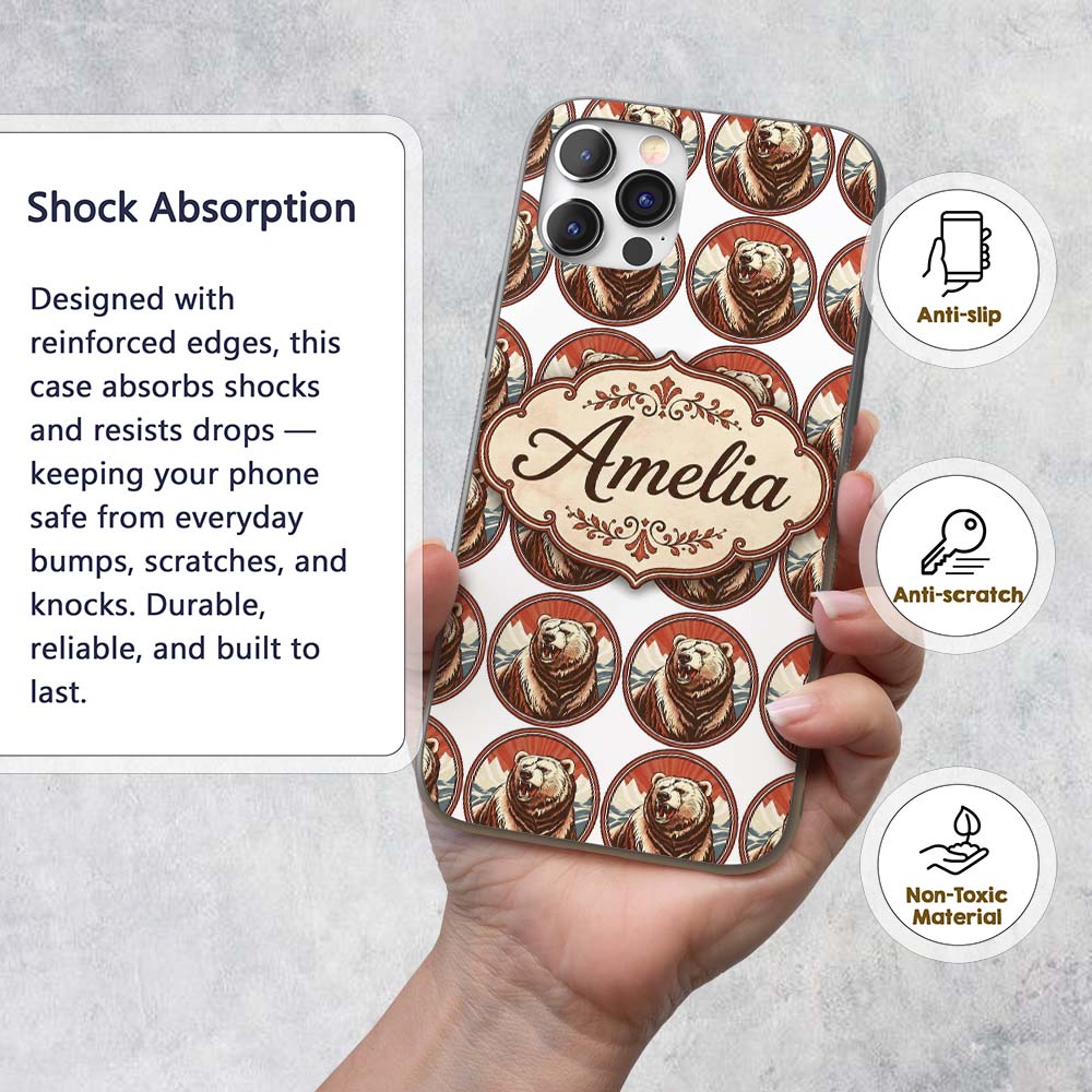 Roaring Bear Portrait with Decorative Design Custom Name Protective Phone Case Mobile Cover Durable Everyday Smartphone Shock Resistant