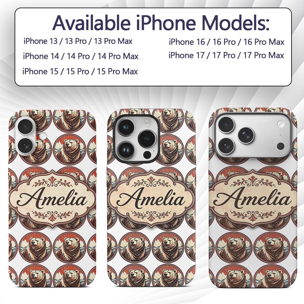 Roaring Bear Portrait with Decorative Design Custom Name Protective Phone Case Mobile Cover Durable Everyday Smartphone Shock Resistant