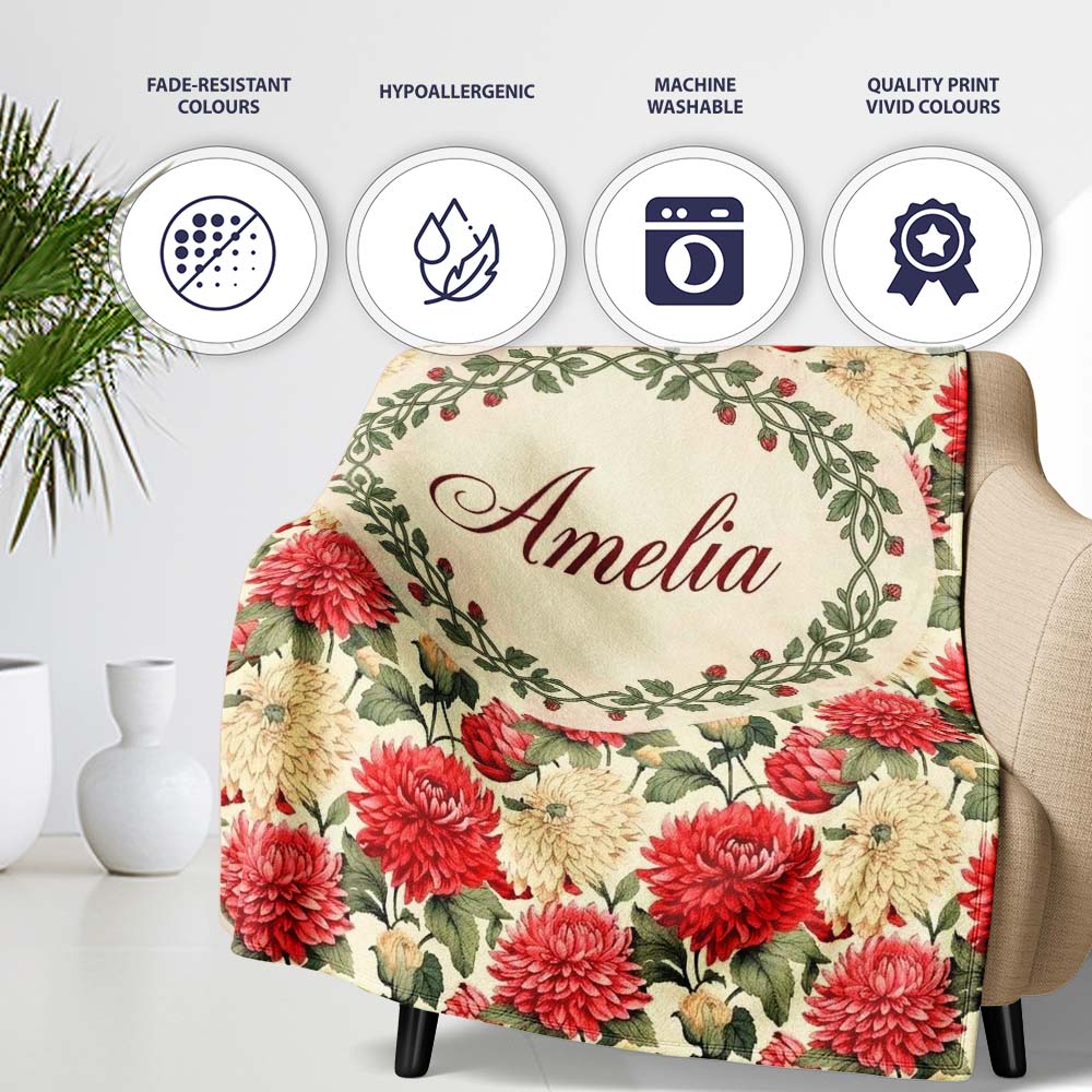 Red and Cream Chrysanthemum Floral Garden Seamless Pattern Lovely Personalised Custom Name Super Soft Fleece Blanket Bed Sofa Throw