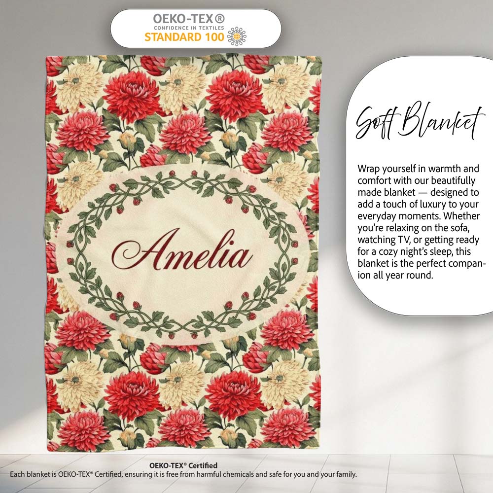 Red and Cream Chrysanthemum Floral Garden Seamless Pattern Lovely Personalised Custom Name Super Soft Fleece Blanket Bed Sofa Throw
