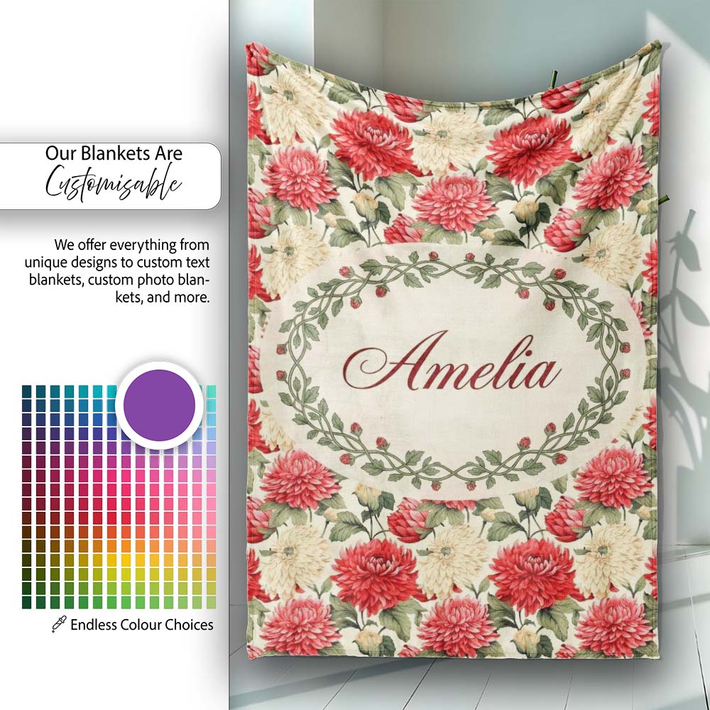 Red and Cream Chrysanthemum Floral Garden Seamless Pattern Lovely Personalised Custom Name Super Soft Fleece Blanket Bed Sofa Throw