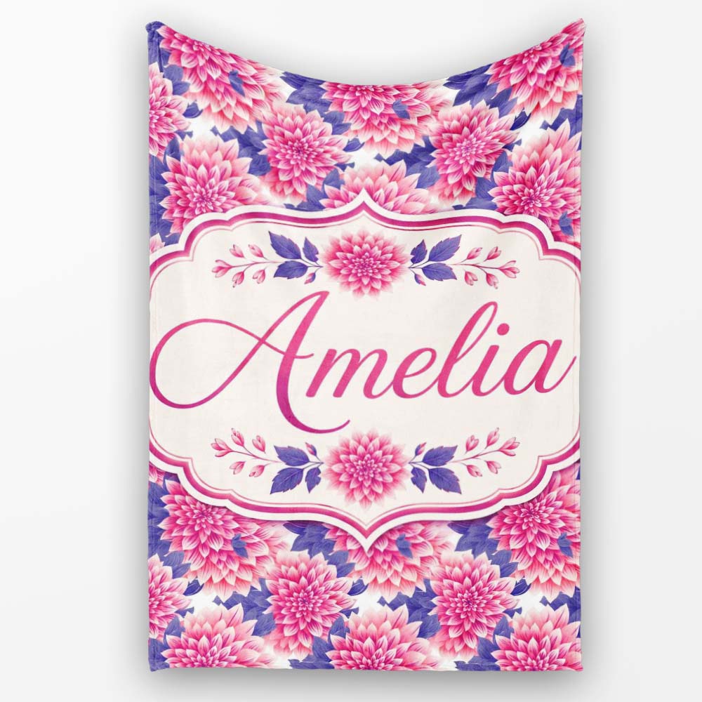 Pink Dahlia Floral Bloom with Soft Purple Leaves Seamless Pattern Personalised Custom Name Super Soft Fleece Blanket Bed Sofa Throw