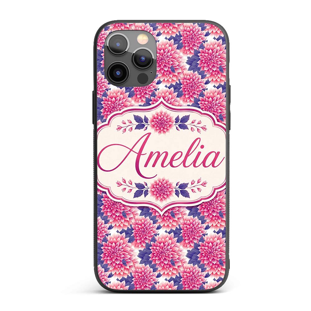Pink Dahlia Floral Bloom with Soft Purple Leaves Custom Name Protective Phone Case Mobile Cover Durable Everyday Smartphone Shock Resistant