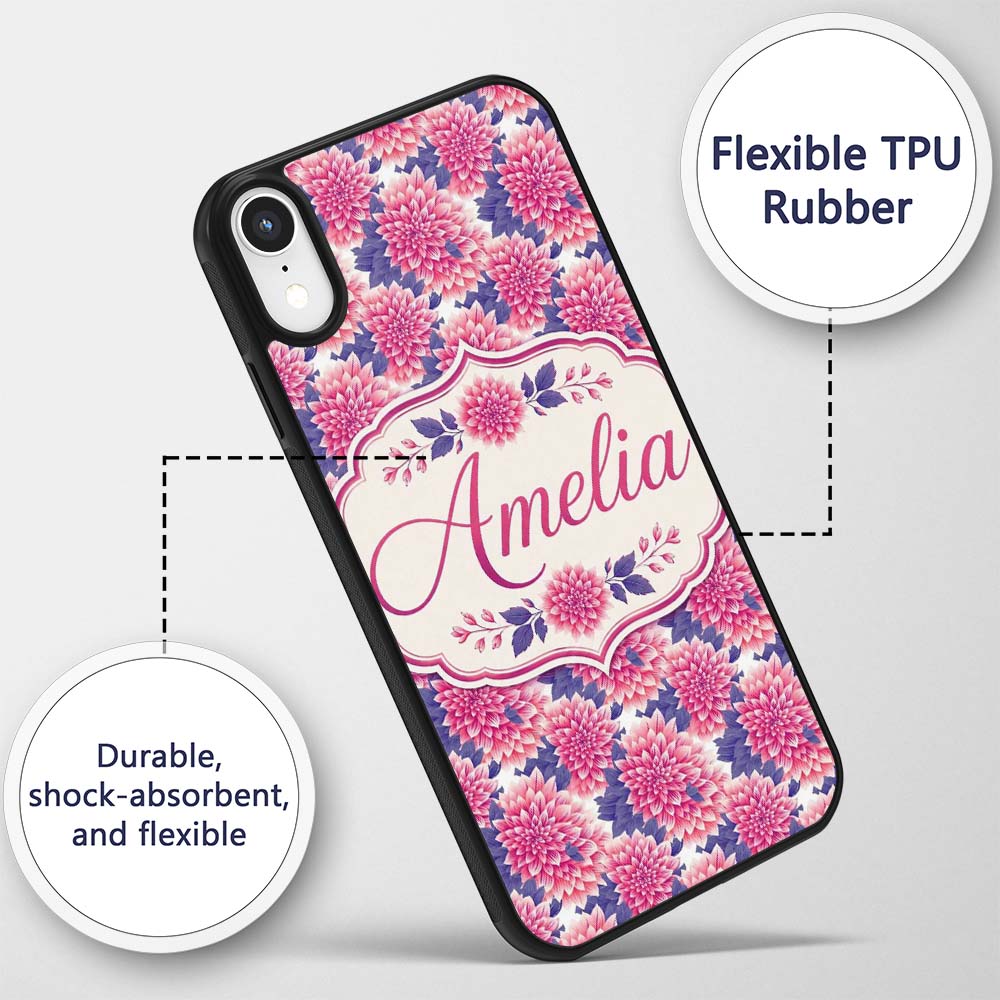 Pink Dahlia Floral Bloom with Soft Purple Leaves Custom Name Protective Phone Case Mobile Cover Durable Everyday Smartphone Shock Resistant