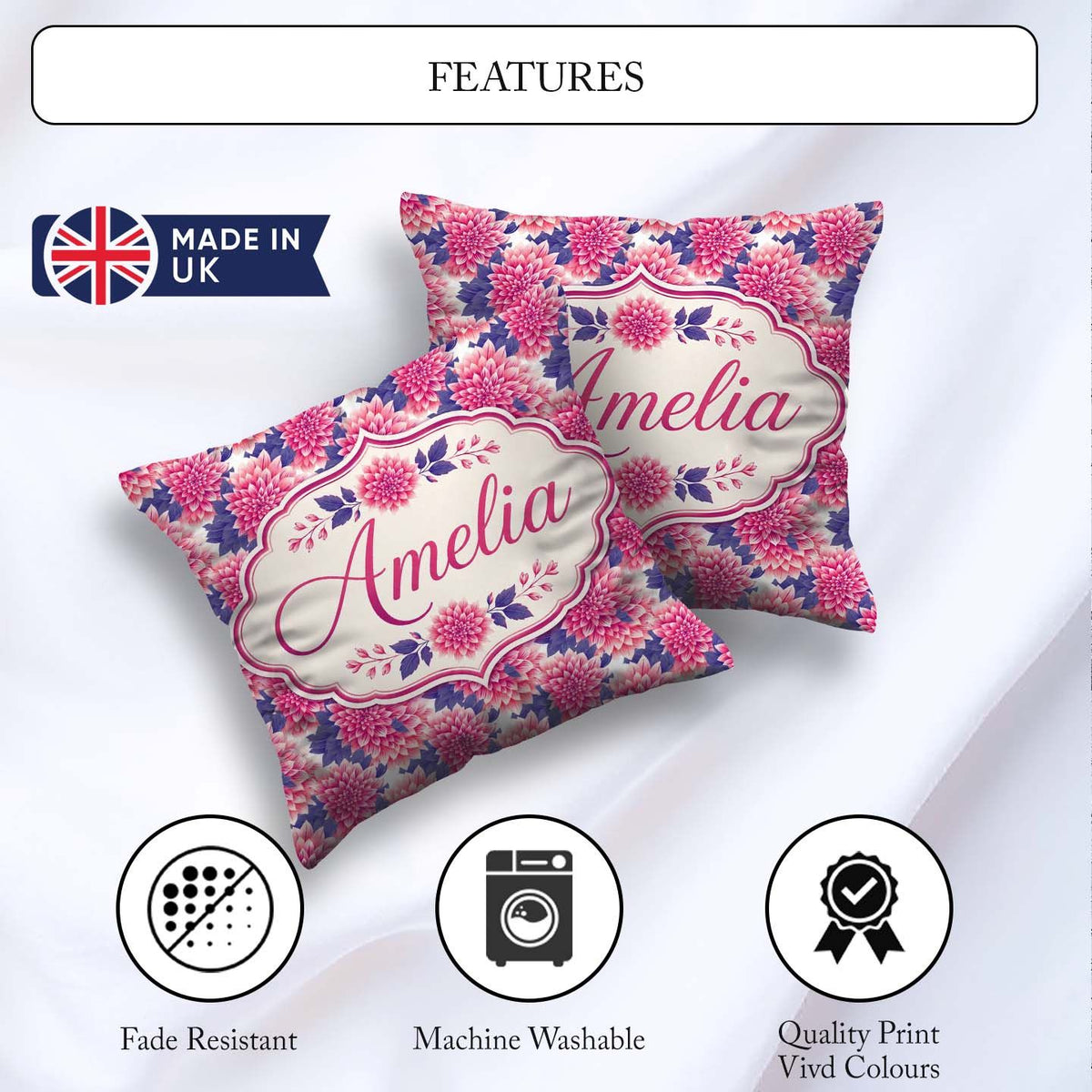 Custom Name Pink Dahlia Floral Bloom with Purple Leaves Seamless Square Filled Cushion Throw Pillow Sofa Bed Home Decor Zip Washable UK Made