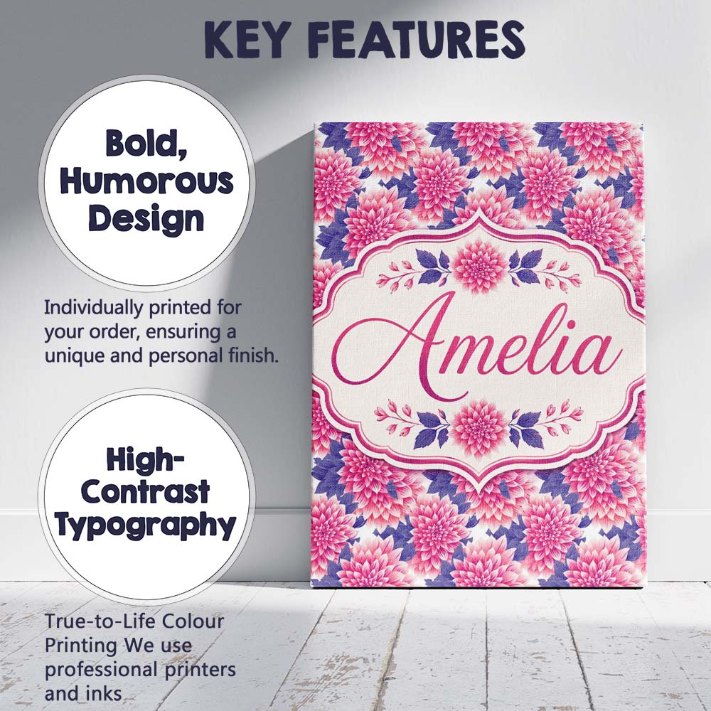 Personalised Name Pink Dahlia Floral Bloom Custom Unique Gift Idea Elegant Feature Canvas Wall Art Print Decor Picture Ready to Hang