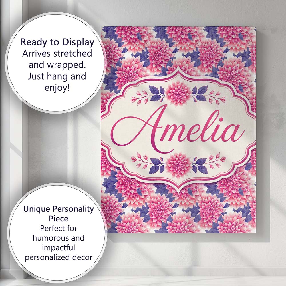 Personalised Name Pink Dahlia Floral Bloom Custom Unique Gift Idea Elegant Feature Canvas Wall Art Print Decor Picture Ready to Hang