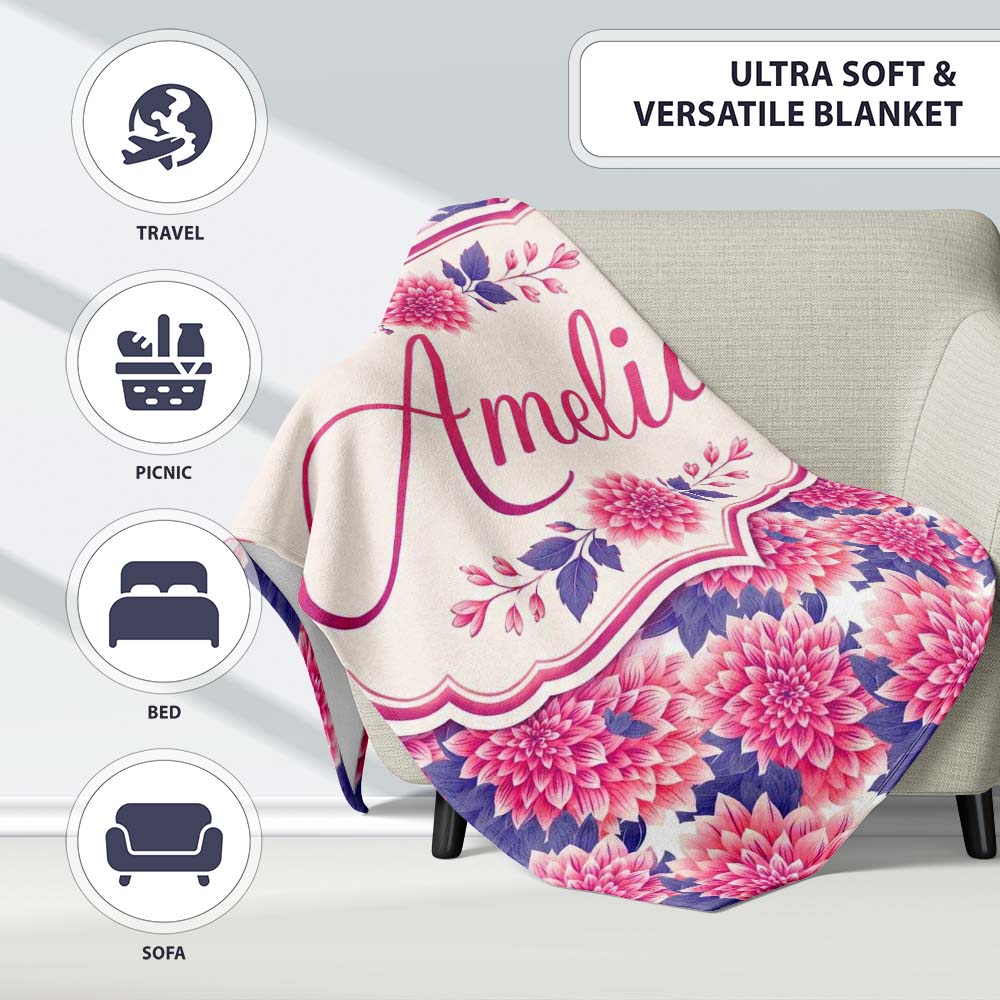Pink Dahlia Floral Bloom with Soft Purple Leaves Seamless Pattern Personalised Custom Name Super Soft Fleece Blanket Bed Sofa Throw
