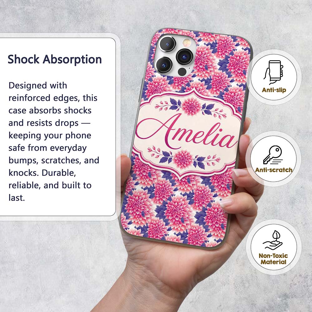 Pink Dahlia Floral Bloom with Soft Purple Leaves Custom Name Protective Phone Case Mobile Cover Durable Everyday Smartphone Shock Resistant