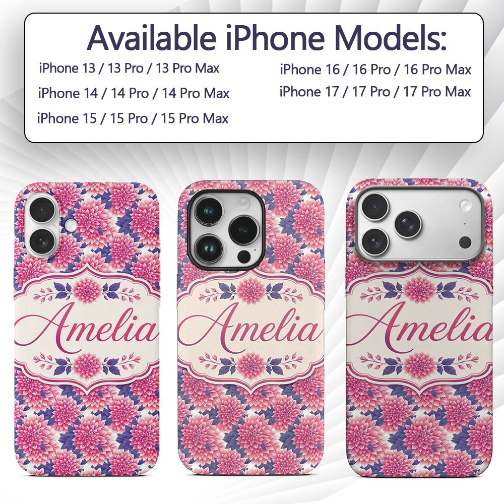Pink Dahlia Floral Bloom with Soft Purple Leaves Custom Name Protective Phone Case Mobile Cover Durable Everyday Smartphone Shock Resistant