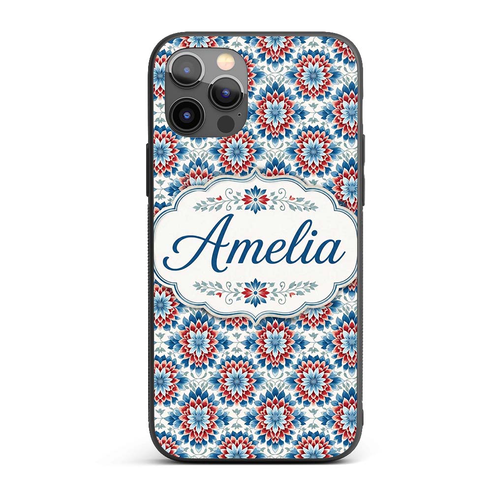 Blue and Red Floral Mandala Tile Seamless Pattern Custom Name Protective Phone Case Mobile Cover Durable Everyday Smartphone Shock Resistant
