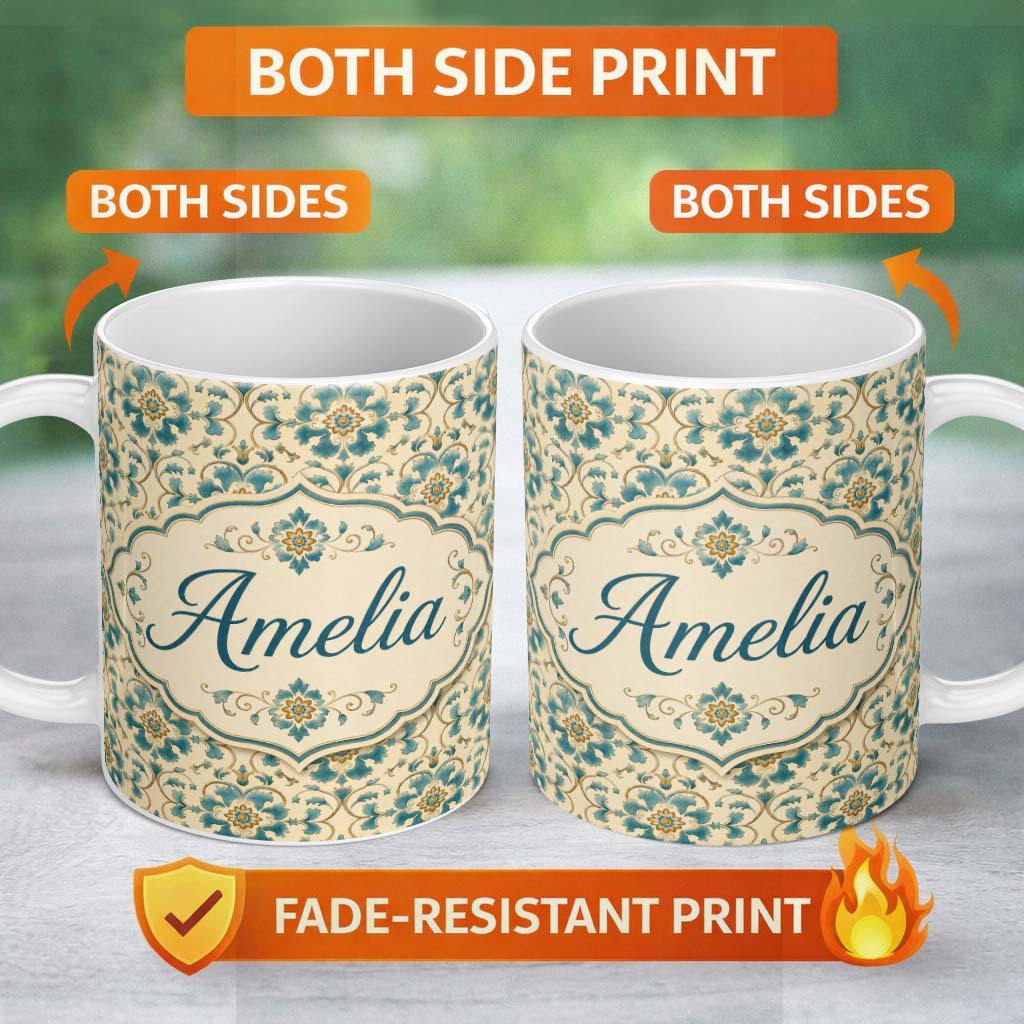 Personalized Custom Name Classic Blue White Tile Floral Portuguese Style Seamless Pattern 11oz Ceramic Coffee Tea Mug White Large Handle