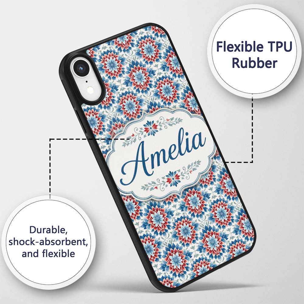 Blue and Red Floral Mandala Tile Seamless Pattern Custom Name Protective Phone Case Mobile Cover Durable Everyday Smartphone Shock Resistant