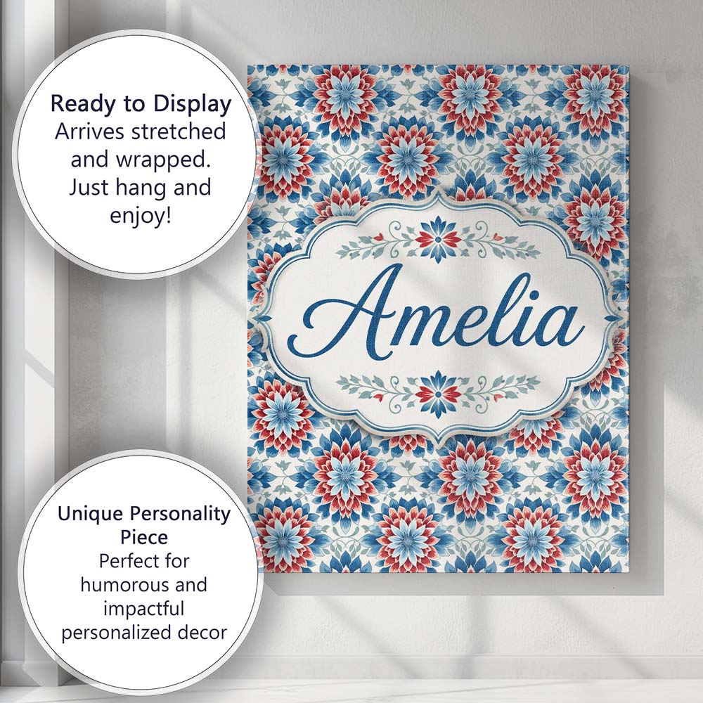 Personalised Name Blue and Red Floral Custom Modern Room Accent Creative Decorator Style Canvas Wall Art Print Decor Picture Ready to Hang