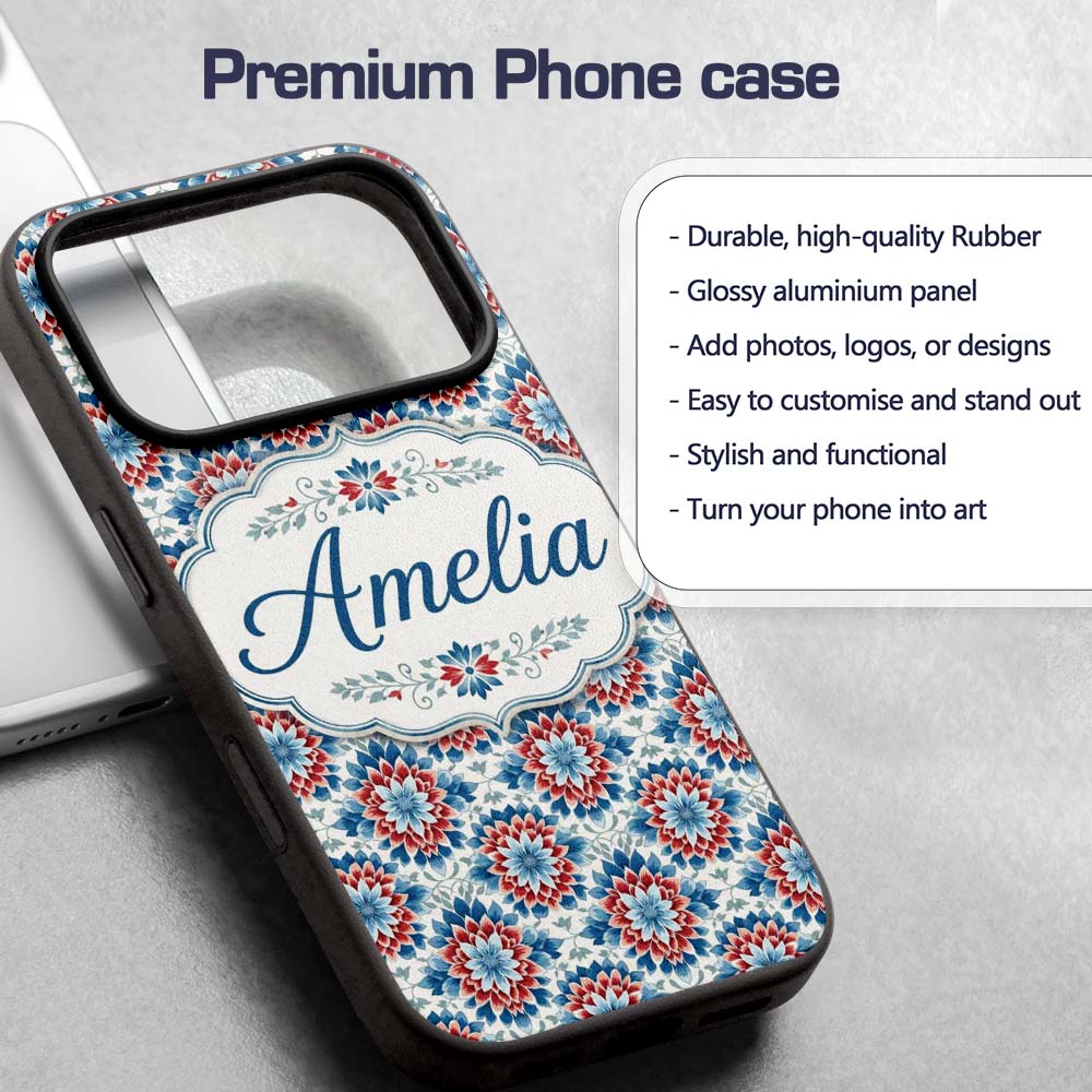 Blue and Red Floral Mandala Tile Seamless Pattern Custom Name Protective Phone Case Mobile Cover Durable Everyday Smartphone Shock Resistant
