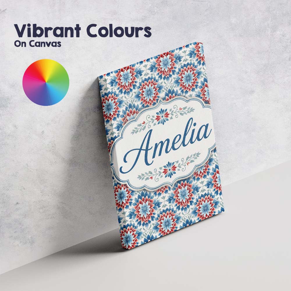 Personalised Name Blue and Red Floral Custom Modern Room Accent Creative Decorator Style Canvas Wall Art Print Decor Picture Ready to Hang