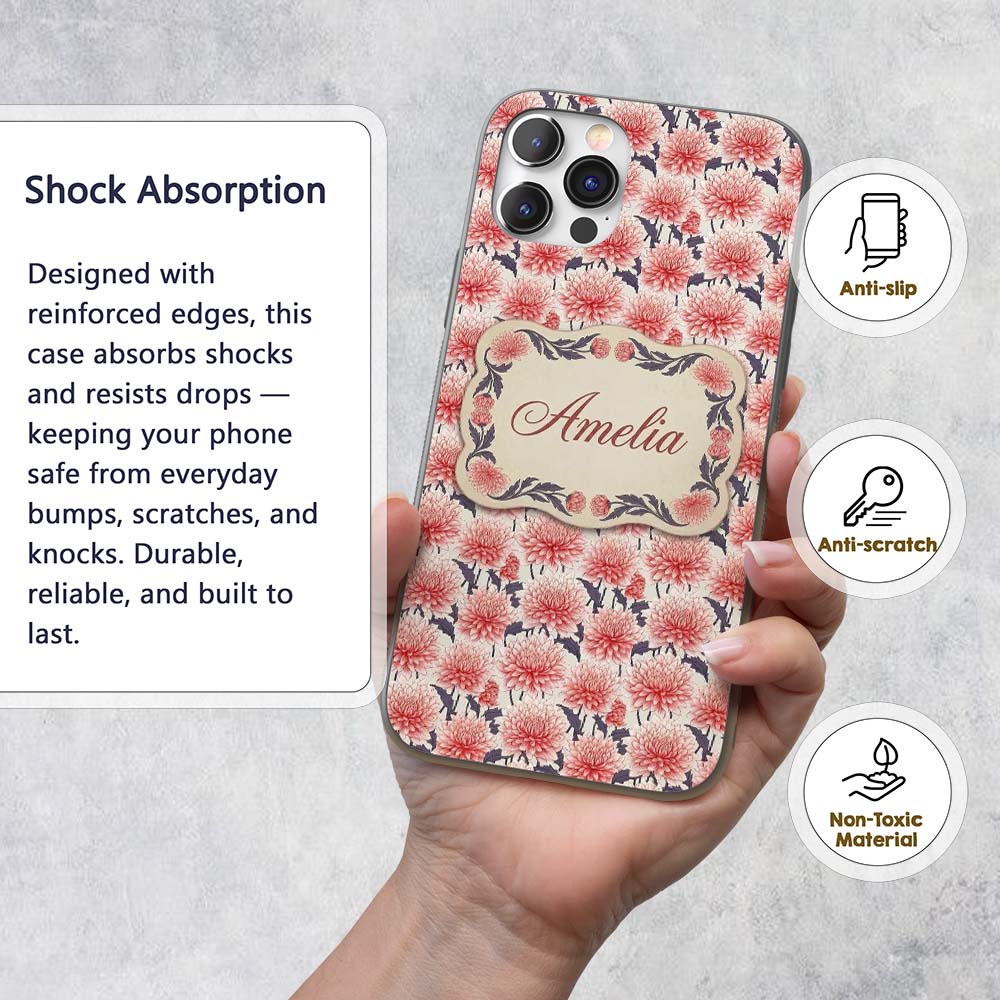 Soft Coral Dahlia Flower Garden Seamless Pattern Custom Name Protective Phone Case Mobile Cover Durable Everyday Smartphone Shock Resistant