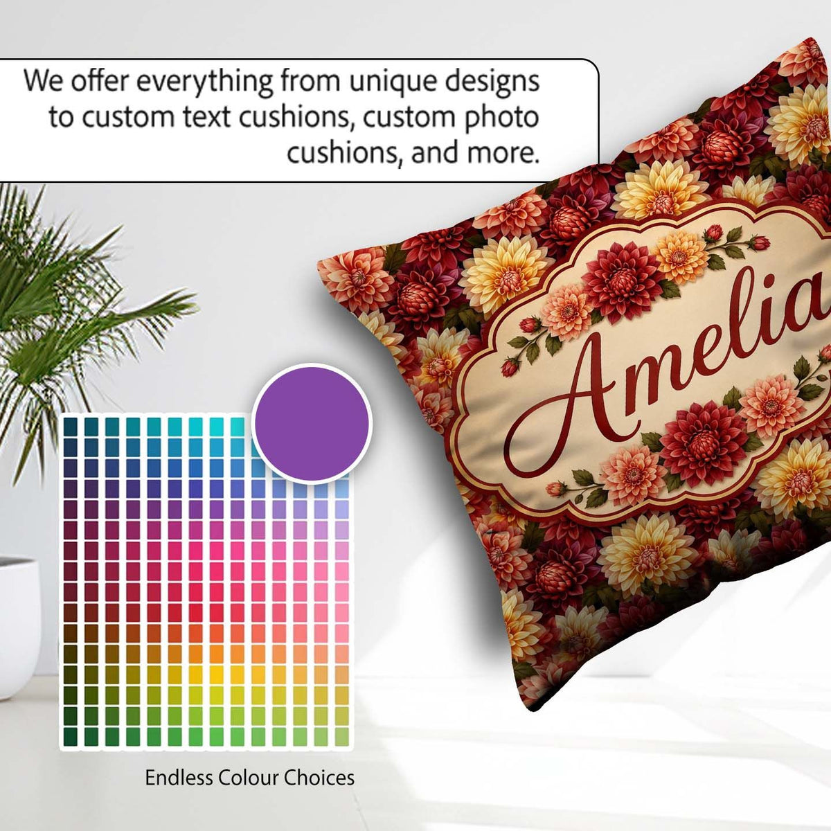 Custom Name Warm Autumn Dahlia Floral Mix Seamless Pattern Idea Square Filled Cushion Throw Pillow Sofa Bed Home Decor Zip Washable UK Made