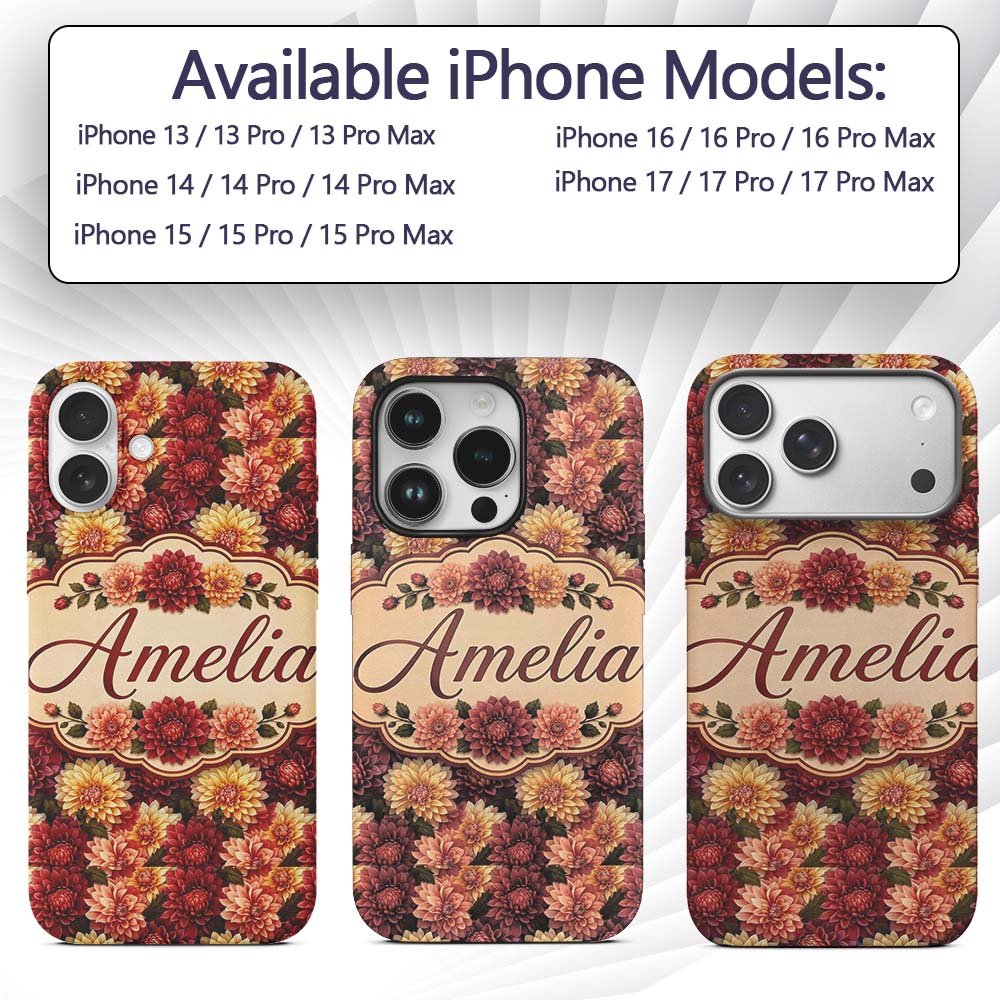 Warm Autumn Dahlia Floral Mix Seamless Pattern Custom Name Protective Phone Case Mobile Cover Durable Everyday Smartphone Shock Resistant