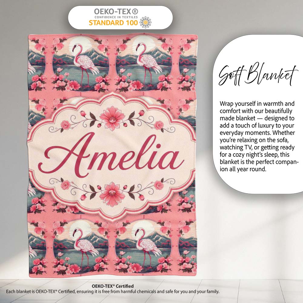 Elegant Flamingo with Cherry Blossom Lake Scene Seamless Pattern Personalised Custom Name Super Soft Fleece Blanket Bed Sofa Throw