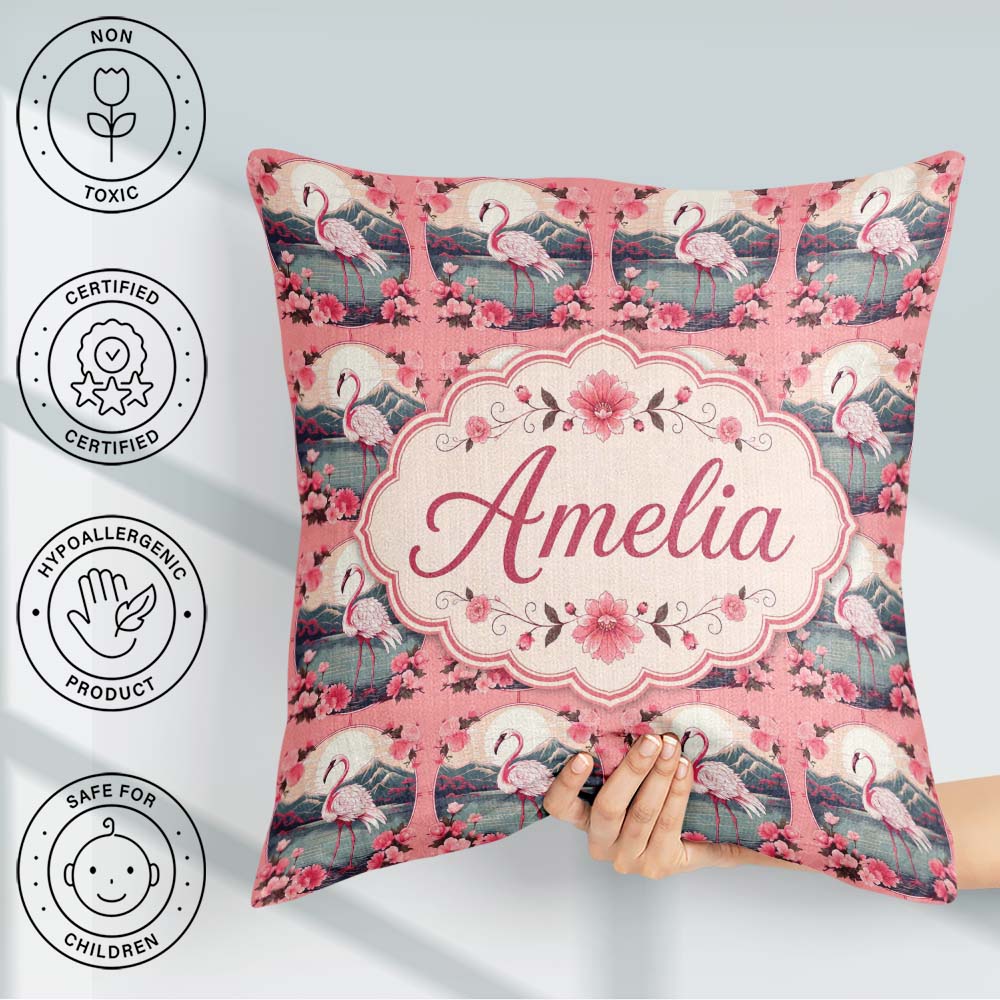 Custom Name Elegant Flamingo with Blossom Scene Seamless Pattern Square Filled Cushion Throw Pillow Sofa Bed Home Decor Zip Washable UK Made
