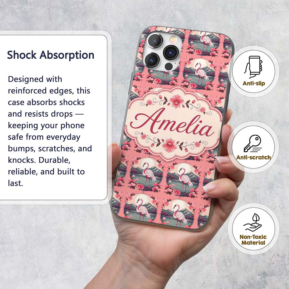Elegant Flamingo with Cherry Blossom Lake Scene Custom Name Protective Phone Case Mobile Cover Durable Everyday Smartphone Shock Resistant