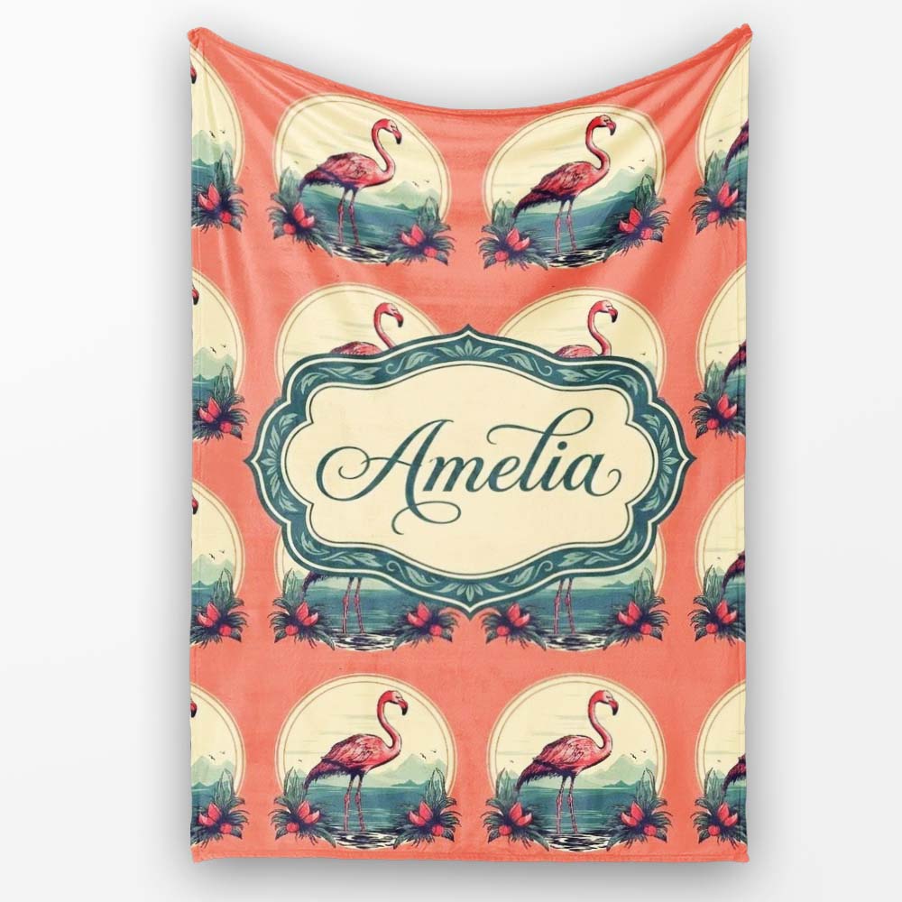 Tropical Flamingo Sunset Landscape Circle Design Seamless Pattern Personalised Custom Name Super Soft Fleece Blanket Bed Sofa Throw