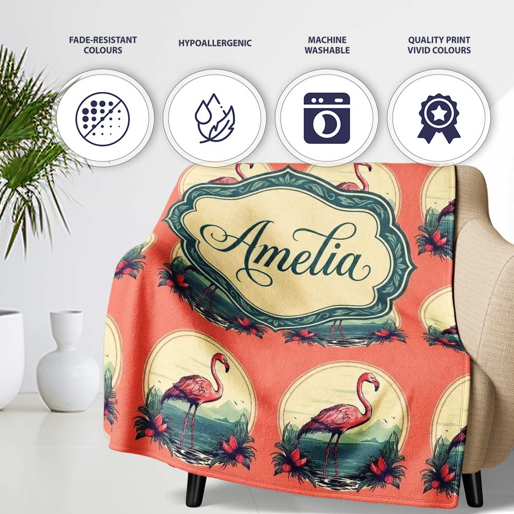 Tropical Flamingo Sunset Landscape Circle Design Seamless Pattern Personalised Custom Name Super Soft Fleece Blanket Bed Sofa Throw