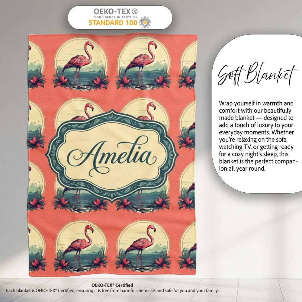 Tropical Flamingo Sunset Landscape Circle Design Seamless Pattern Personalised Custom Name Super Soft Fleece Blanket Bed Sofa Throw