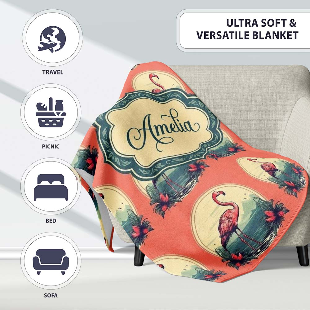 Tropical Flamingo Sunset Landscape Circle Design Seamless Pattern Personalised Custom Name Super Soft Fleece Blanket Bed Sofa Throw