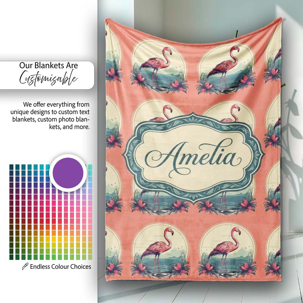 Tropical Flamingo Sunset Landscape Circle Design Seamless Pattern Personalised Custom Name Super Soft Fleece Blanket Bed Sofa Throw