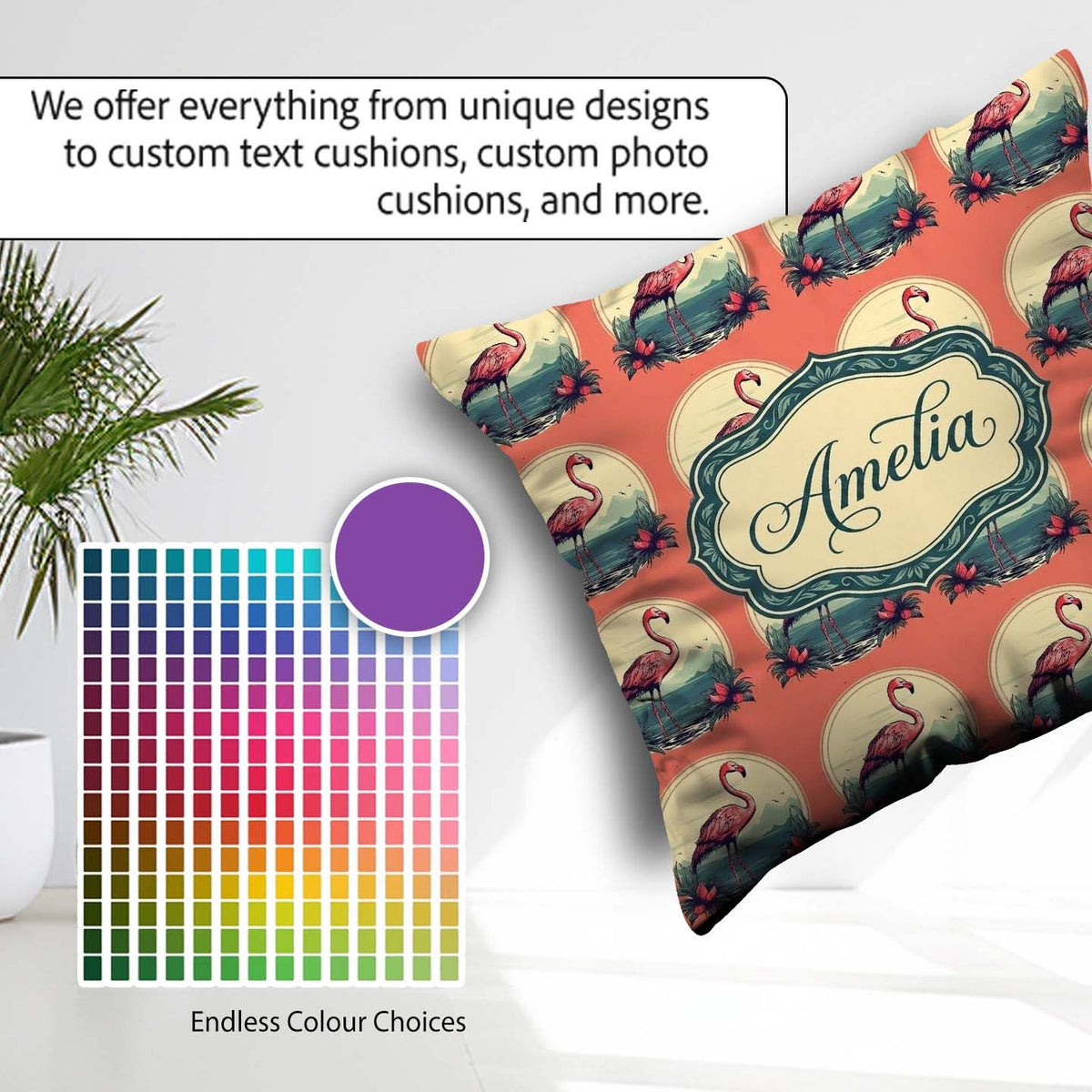 Custom Name Tropical Flamingo Sunset Landscape Seamless Pattern Square Filled Cushion Throw Pillow Sofa Bed Home Decor Zip Washable UK Made
