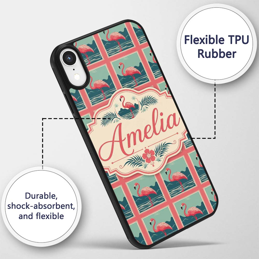 Minimal Flamingo Coastal Frame Pattern Seamless Custom Name Protective Phone Case Mobile Cover Durable Everyday Smartphone Shock Resistant