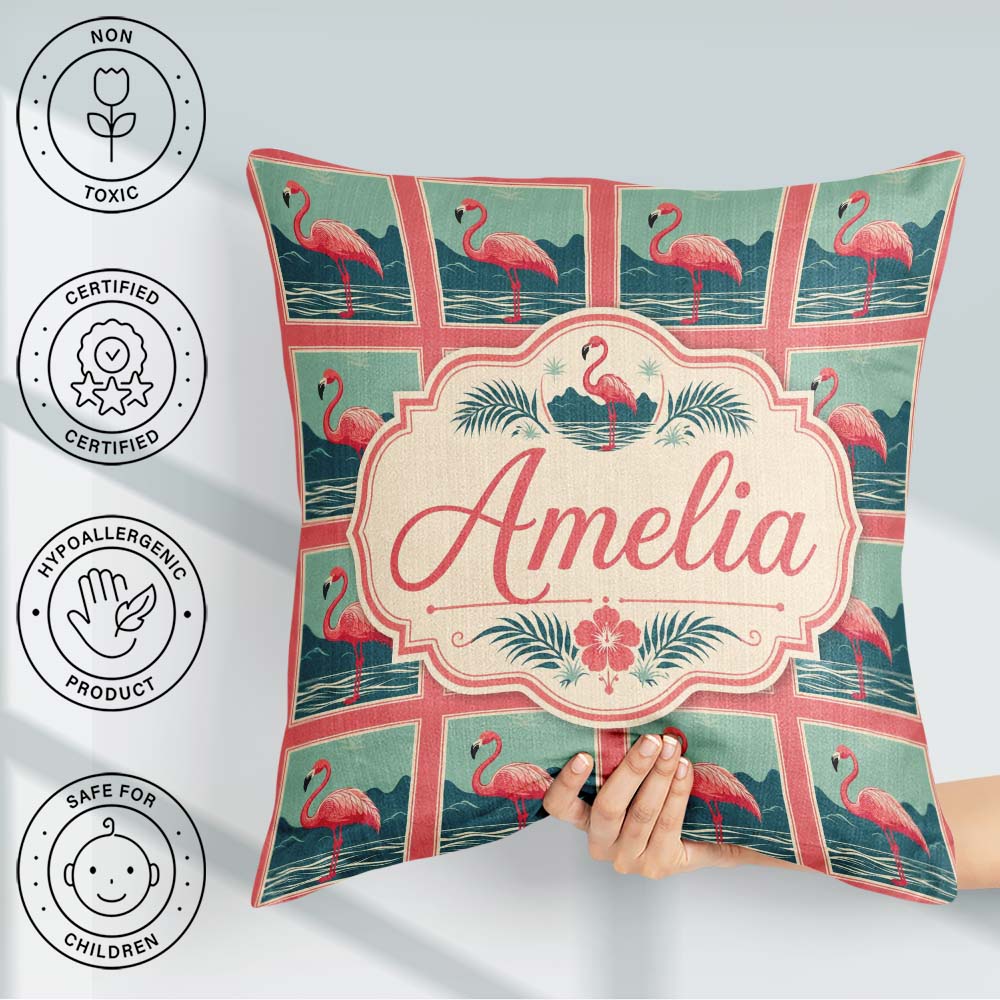 Custom Name Minimal Flamingo Coastal Pattern Seamless Pattern Square Filled Cushion Throw Pillow Sofa Bed Home Decor Zip Washable UK Made