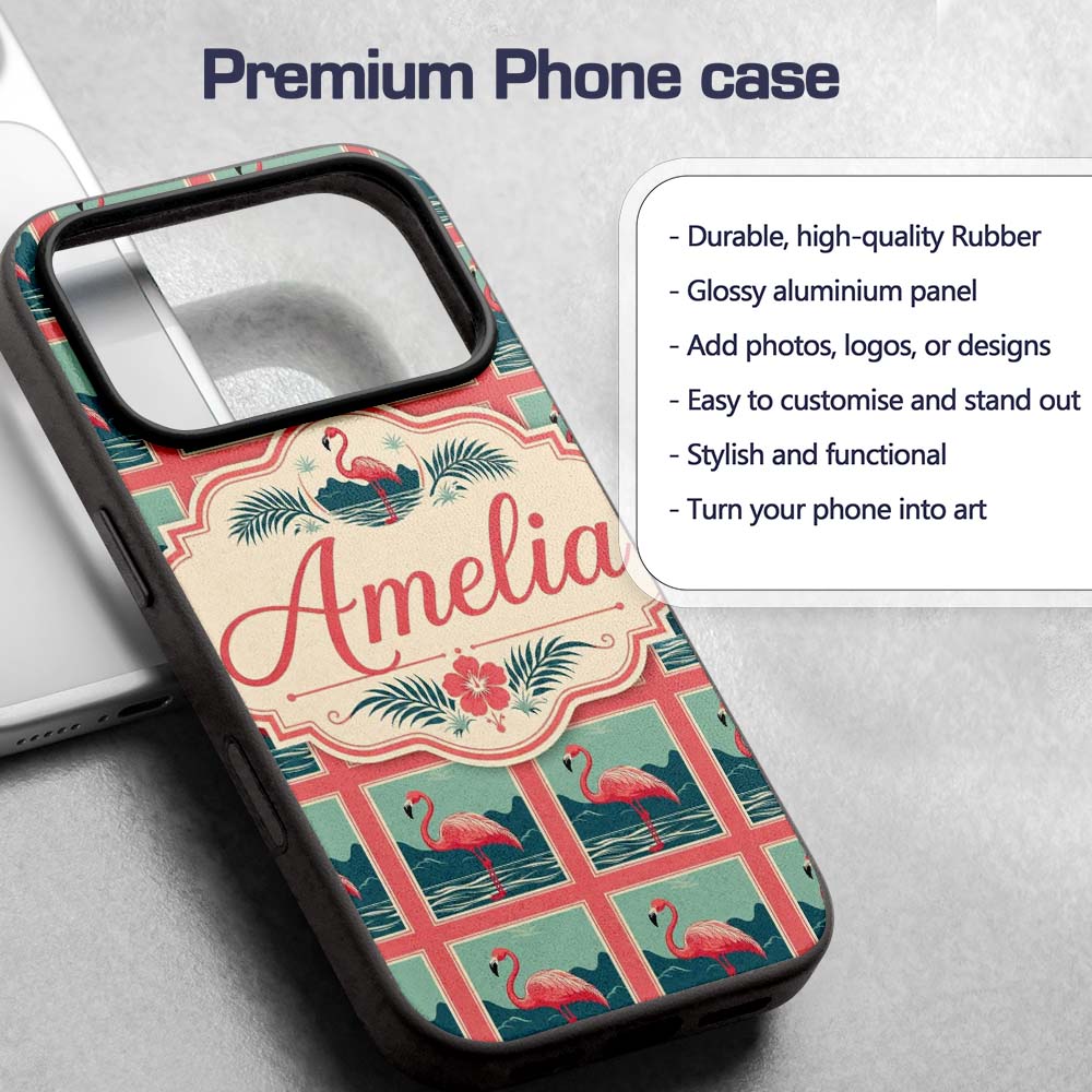 Minimal Flamingo Coastal Frame Pattern Seamless Custom Name Protective Phone Case Mobile Cover Durable Everyday Smartphone Shock Resistant