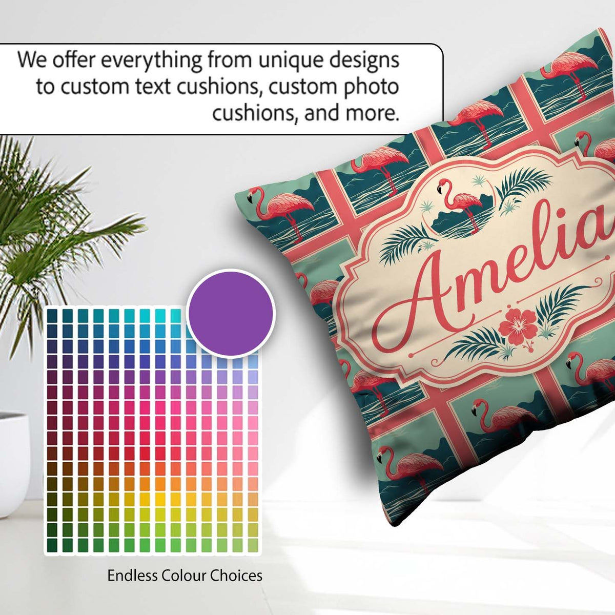 Custom Name Minimal Flamingo Coastal Pattern Seamless Pattern Square Filled Cushion Throw Pillow Sofa Bed Home Decor Zip Washable UK Made