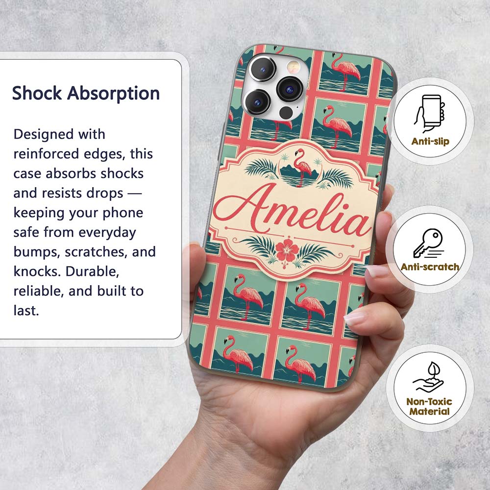 Minimal Flamingo Coastal Frame Pattern Seamless Custom Name Protective Phone Case Mobile Cover Durable Everyday Smartphone Shock Resistant