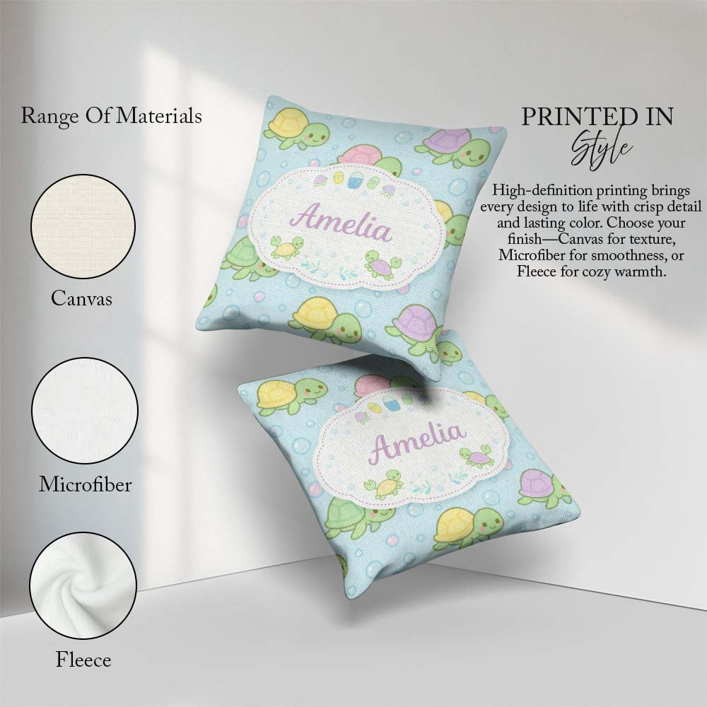 Custom Name Cute Pastel Turtle Cartoon Animal Ocean Pattern Cup Square Filled Cushion Throw Pillow Sofa Bed Home Decor Zip Washable UK Made