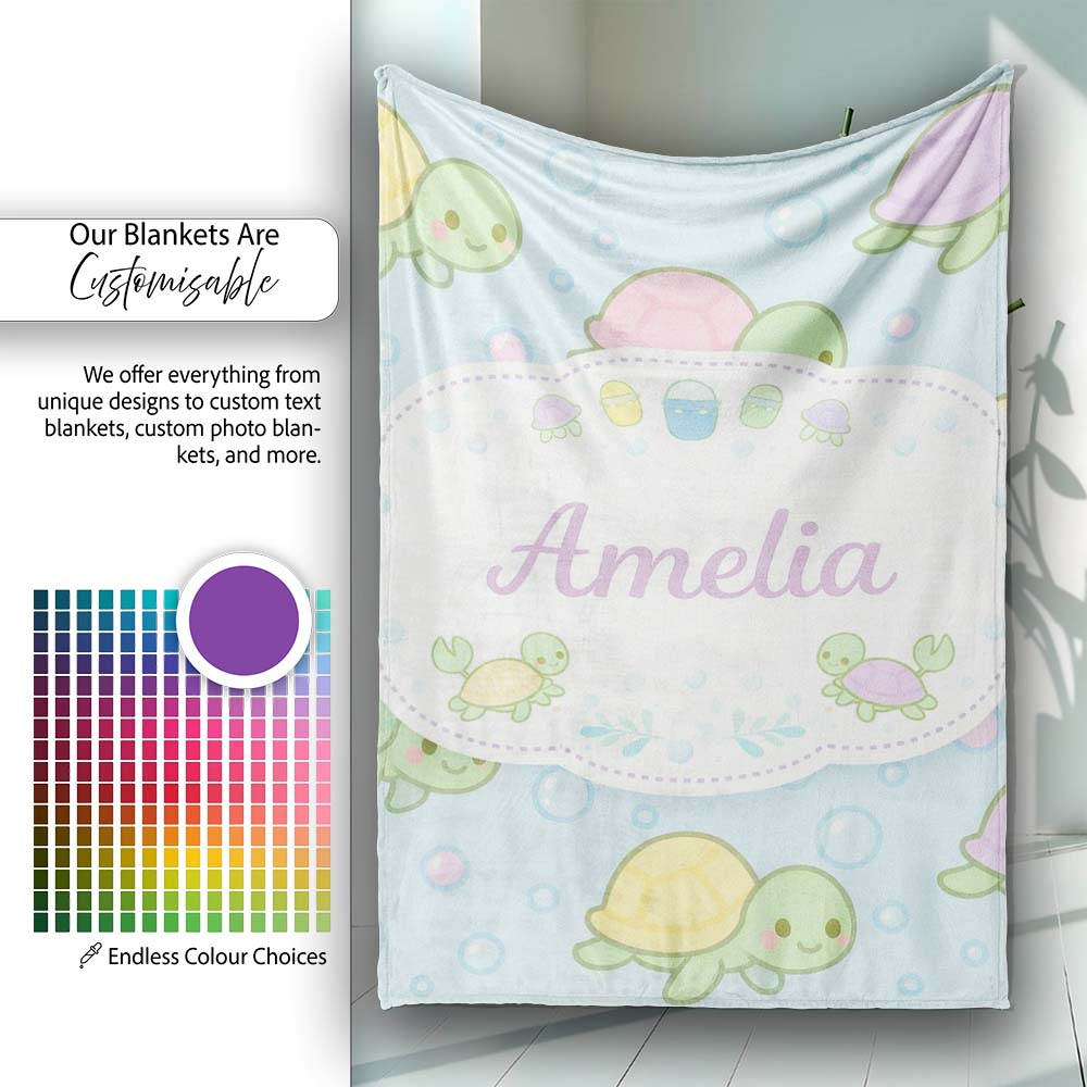 Cute Pastel Turtle Cartoon Animal Ocean Pattern Beautiful Coffee Cup Personalised Custom Name Super Soft Fleece Blanket Bed Sofa Throw